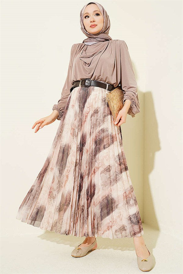 Authentic Patterned Pleated Belted Skirt in Brown