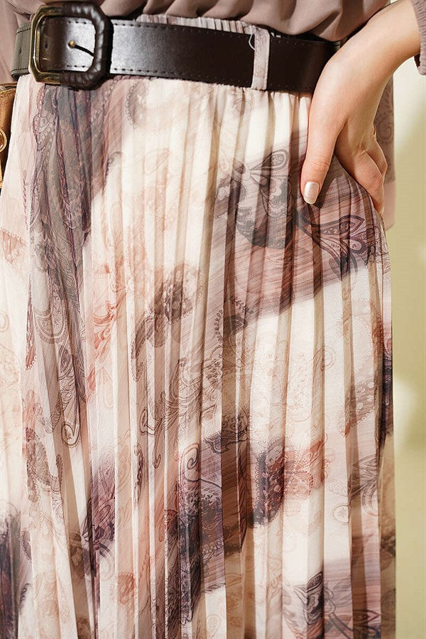 Authentic Patterned Pleated Belted Skirt in Brown