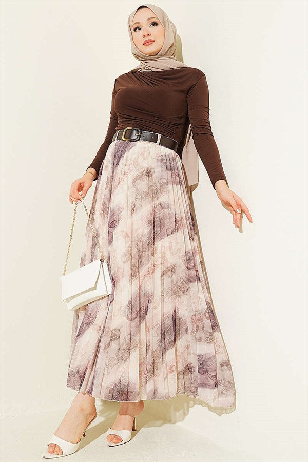 Authentic Patterned Pleated Belted Skirt in Plum
