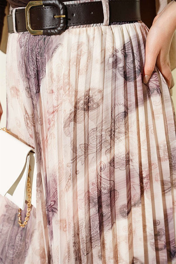 Authentic Patterned Pleated Belted Skirt in Plum