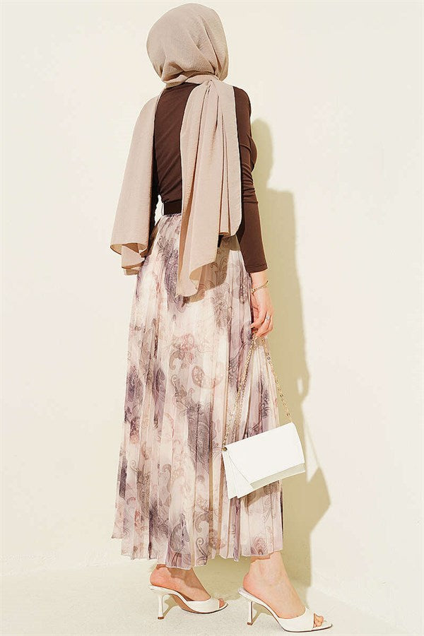 Authentic Patterned Pleated Belted Skirt in Plum