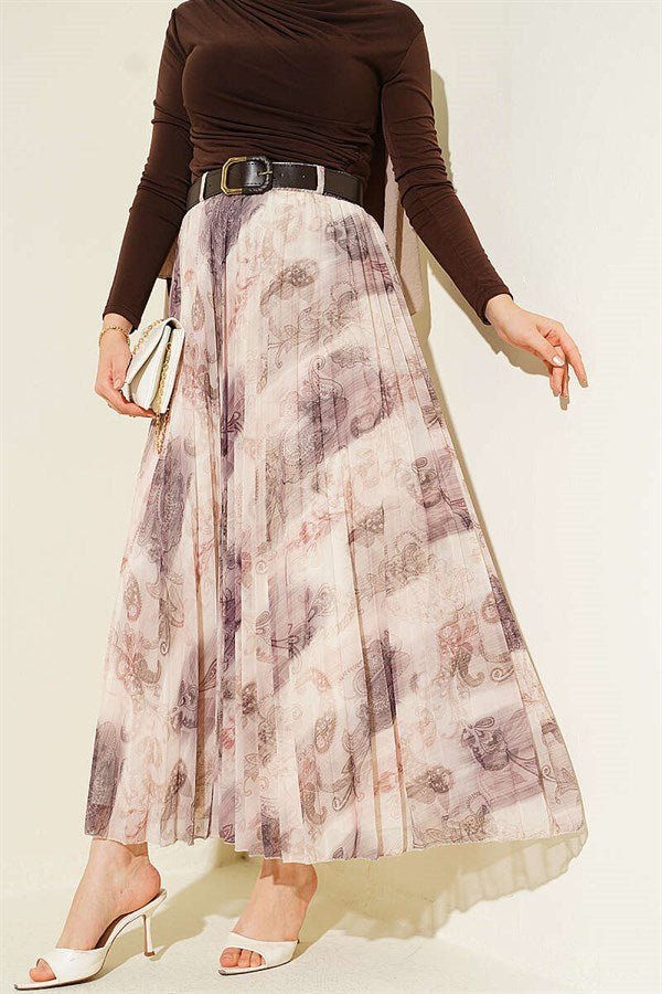Authentic Patterned Pleated Belted Skirt in Plum