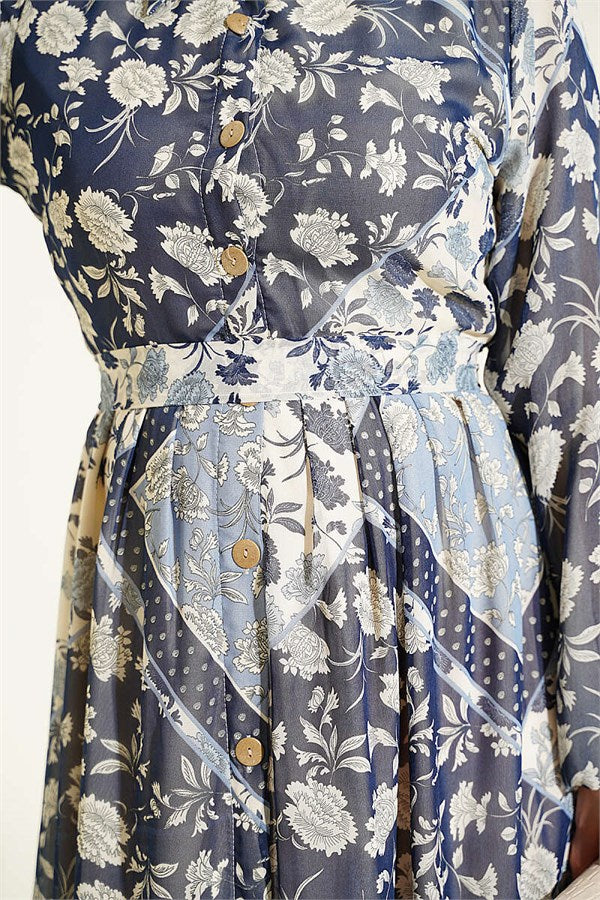 Authentic Patterned Chiffon Dress, Navy Blue