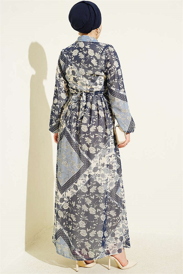 Authentic Patterned Chiffon Dress, Navy Blue