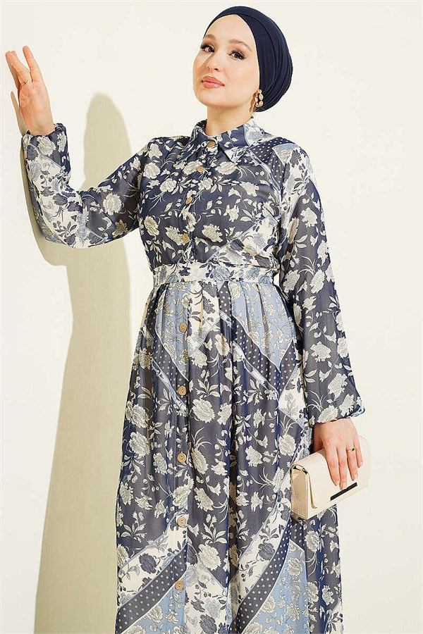 Authentic Patterned Chiffon Dress, Navy Blue