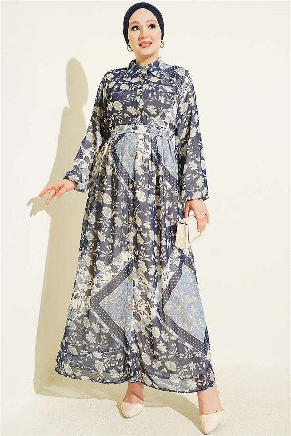 Authentic Patterned Chiffon Dress, Navy Blue