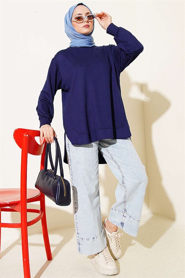 Oval Stitched Loisha Tunic, Navy Blue