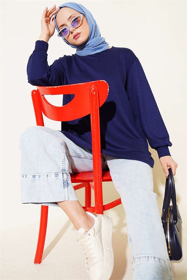 Oval Stitched Loisha Tunic, Navy Blue
