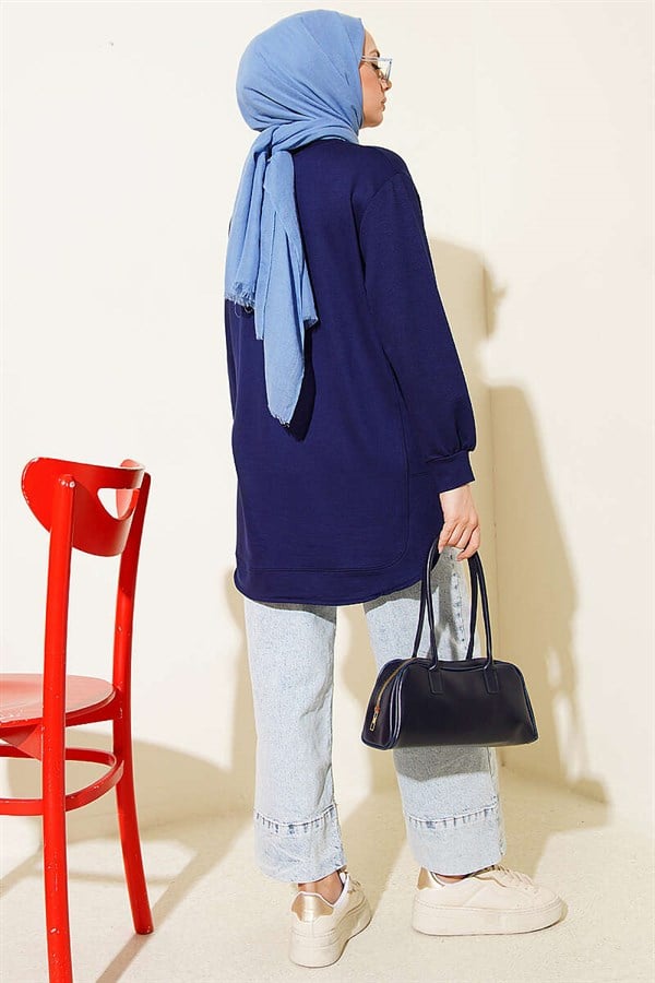 Oval Stitched Loisha Tunic, Navy Blue