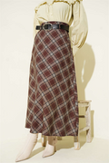 Oval Plaid Skirt with Belt Buckle, Brown