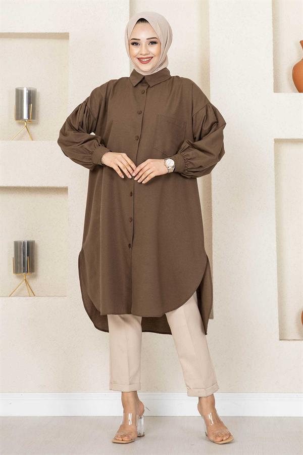 Oval Cut Hijab Shirt Tunic Brown