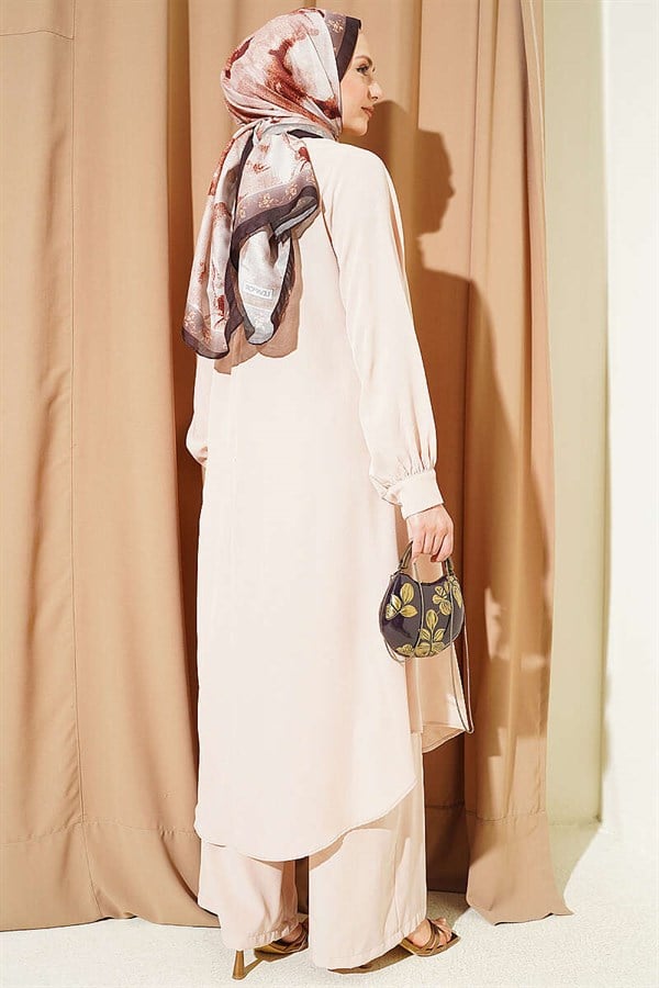Oval Cut Long Tunic 2 Piece Set, Beige