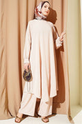 Oval Cut Long Tunic 2 Piece Set, Beige