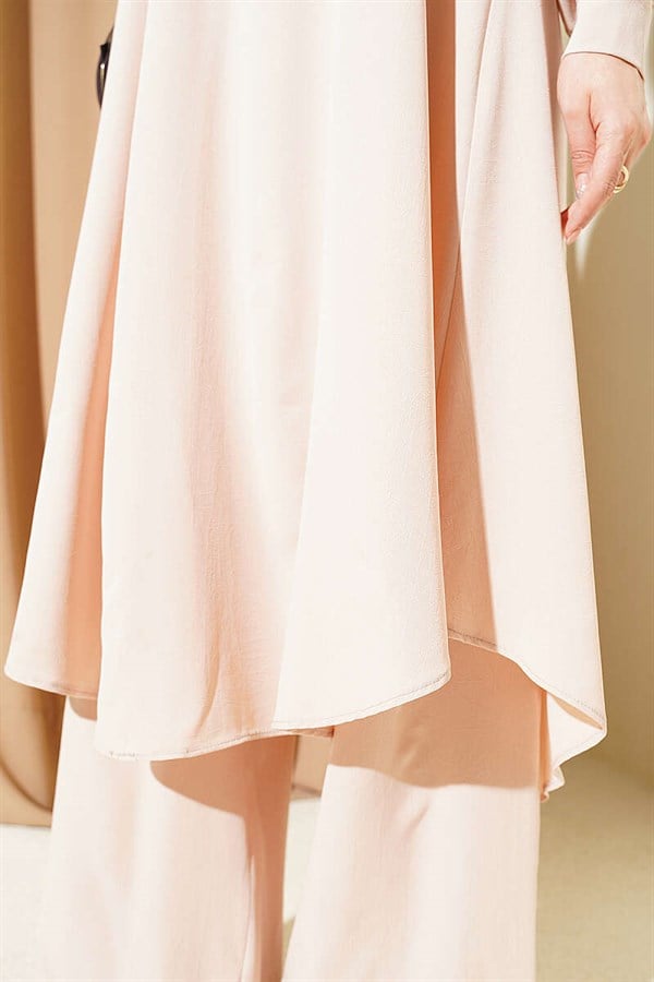 Oval Cut Long Tunic 2 Piece Set, Beige