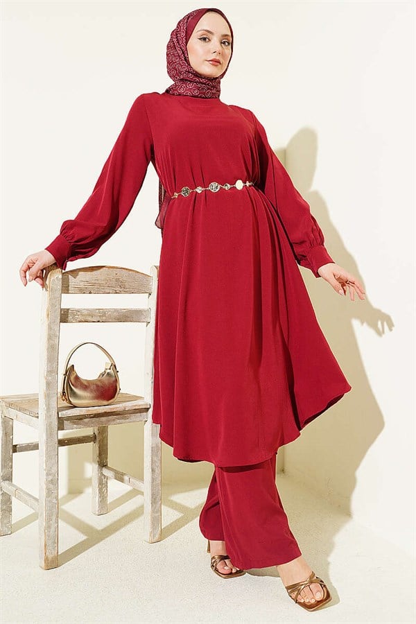 Oval Cut Long Tunic 2 Piece Set in Burgundy