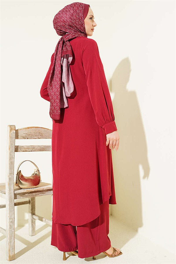 Oval Cut Long Tunic 2 Piece Set in Burgundy