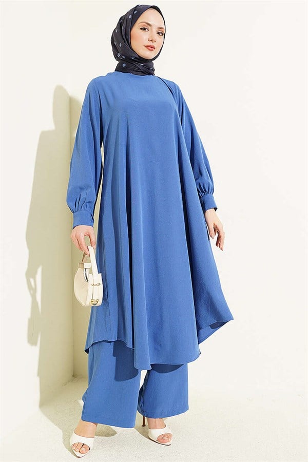 Oval Cut Long Tunic 2 Piece Set Indigo