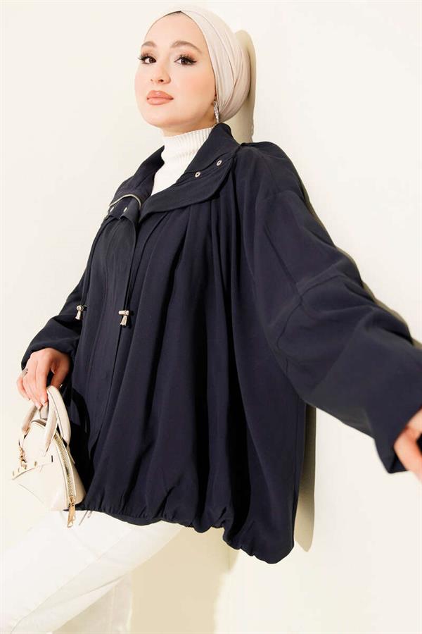 Oversize Zippered Coat Navy Blue