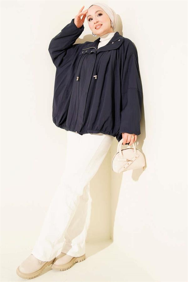 Oversize Zippered Coat Navy Blue