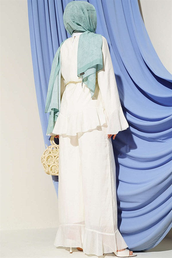 2 Piece Set with Ruffled Hem and Drawstring Belt, Ecru