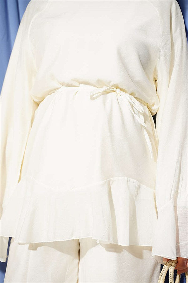 2 Piece Set with Ruffled Hem and Drawstring Belt, Ecru