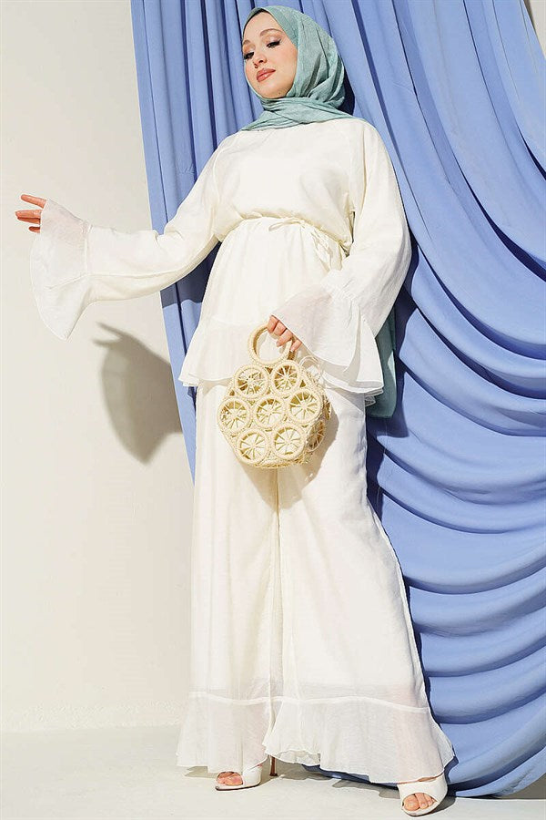 2 Piece Set with Ruffled Hem and Drawstring Belt, Ecru