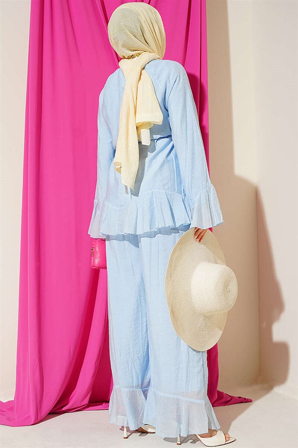 2 Piece Set with Ruffled Hem and Drawstring Belt, Blue