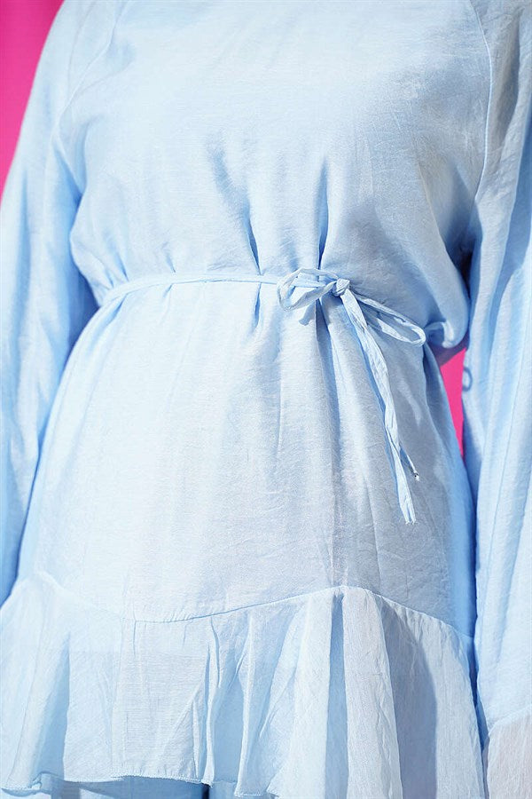 2 Piece Set with Ruffled Hem and Drawstring Belt, Blue