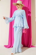 2 Piece Set with Ruffled Hem and Drawstring Belt, Blue