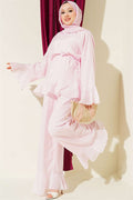 Pink 2 Piece Set with Ruffled Hem and Drawstring Belt
