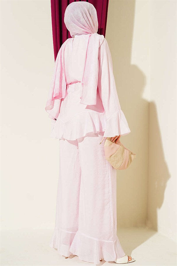 Pink 2 Piece Set with Ruffled Hem and Drawstring Belt