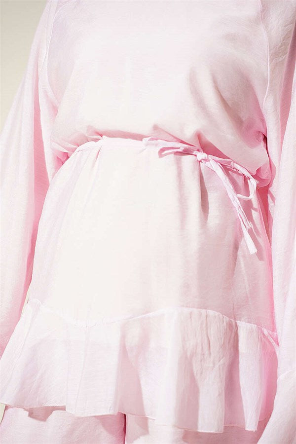 Pink 2 Piece Set with Ruffled Hem and Drawstring Belt