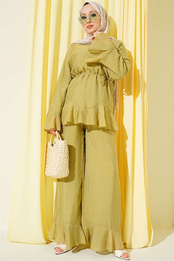2 Piece Set with Ruffled Hem and Drawstring Belt, Olive Green