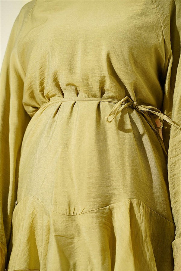2 Piece Set with Ruffled Hem and Drawstring Belt, Olive Green