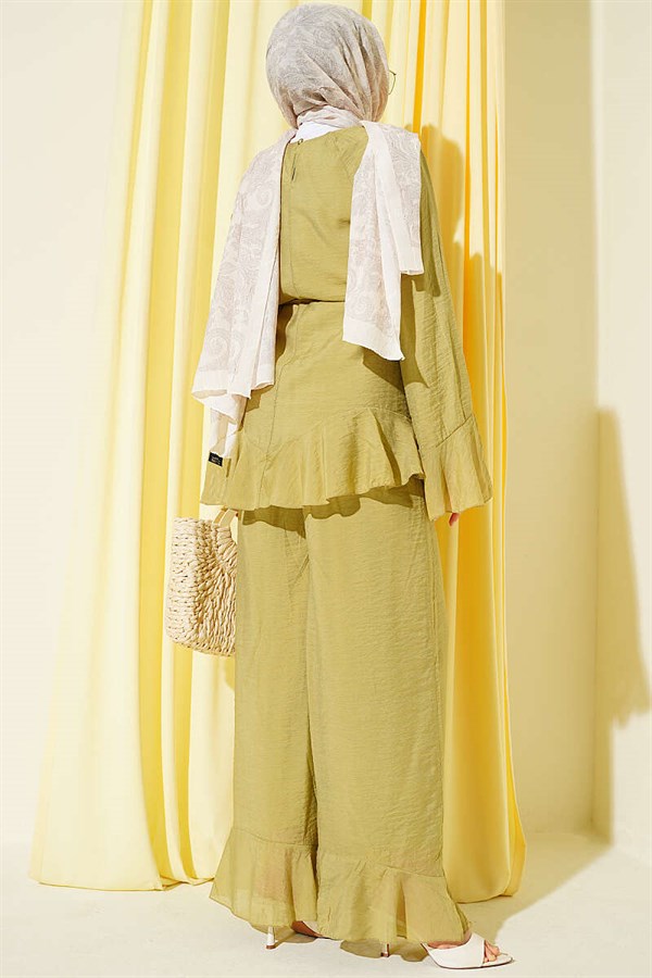 2 Piece Set with Ruffled Hem and Drawstring Belt, Olive Green