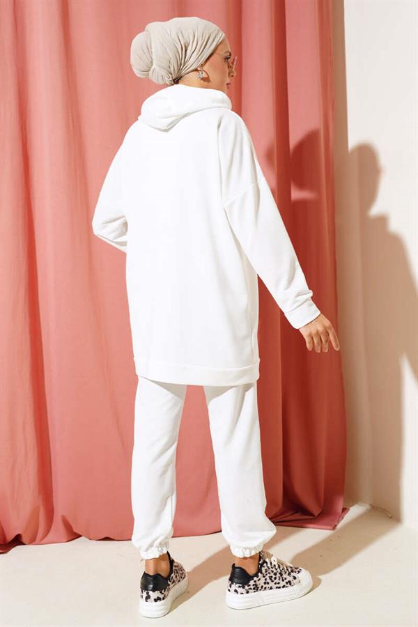  Elastic Leg Hooded 2 Piece Set White