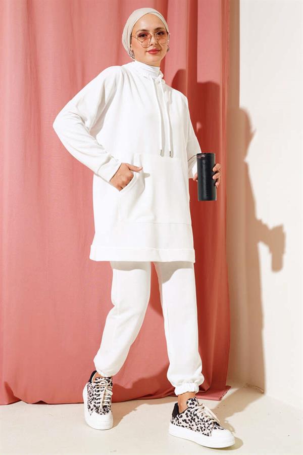  Elastic Leg Hooded 2 Piece Set White