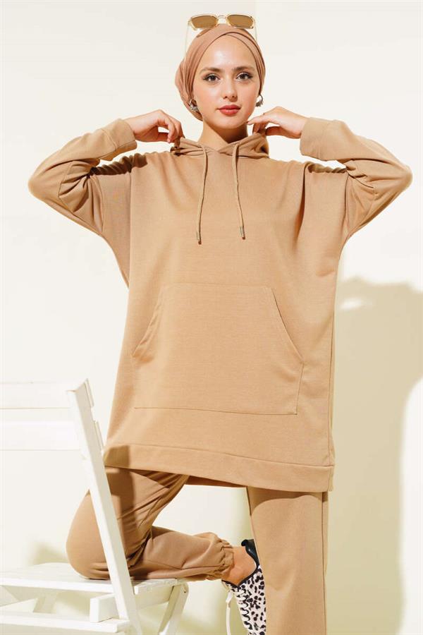 Elastic Leg Hooded 2 Piece Set Biscuit