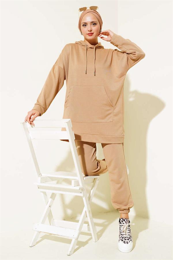 Elastic Leg Hooded 2 Piece Set Biscuit
