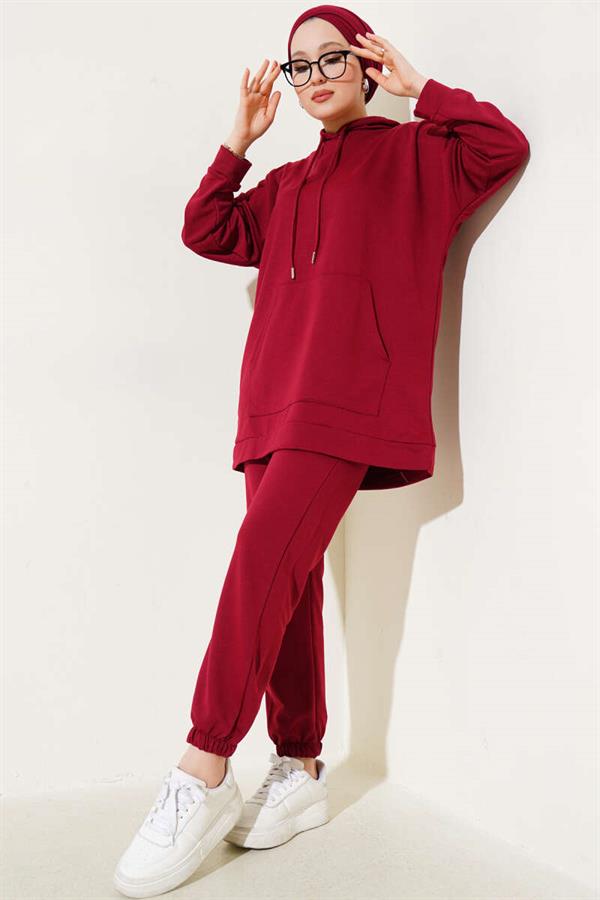Elastic Leg Hooded 2 Piece Set Burgundy