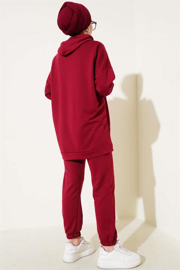 Elastic Leg Hooded 2 Piece Set Burgundy