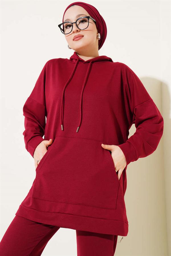 Elastic Leg Hooded 2 Piece Set Burgundy