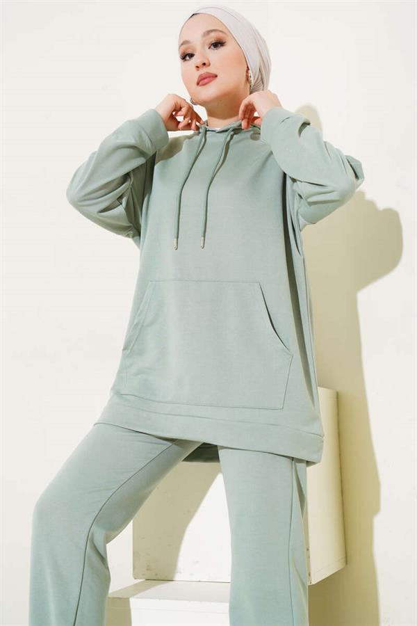 Elastic Leg Hooded 2 Piece Set, Almond Green