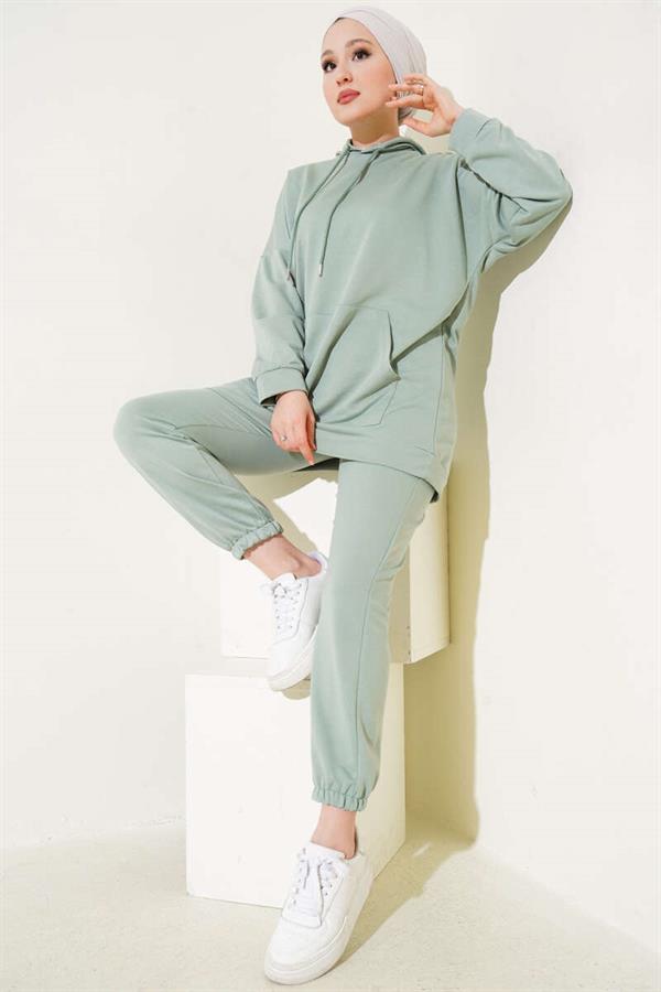 Elastic Leg Hooded 2 Piece Set, Almond Green
