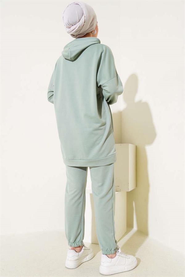 Elastic Leg Hooded 2 Piece Set, Almond Green