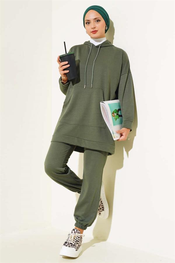 Elastic Leg Hooded 2 Piece Set Khaki