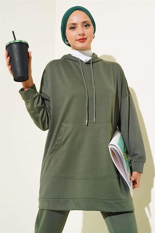 Elastic Leg Hooded 2 Piece Set Khaki