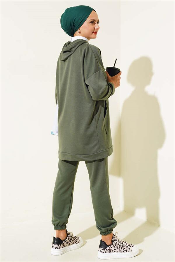 Elastic Leg Hooded 2 Piece Set Khaki