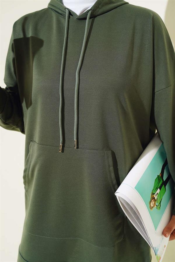Elastic Leg Hooded 2 Piece Set Khaki