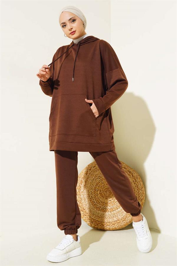 Elastic Leg Hooded 2 Piece Set Brown
